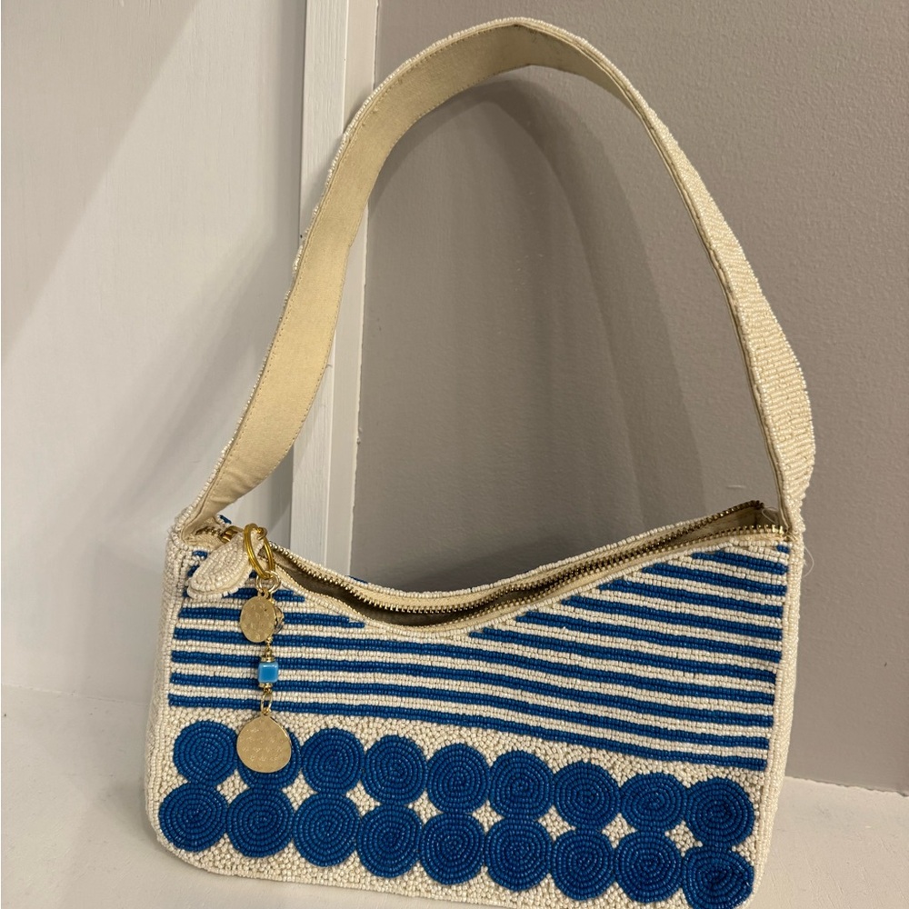 New Anthropologie asymmetrical beaded white and blue shoulder bag. Greek